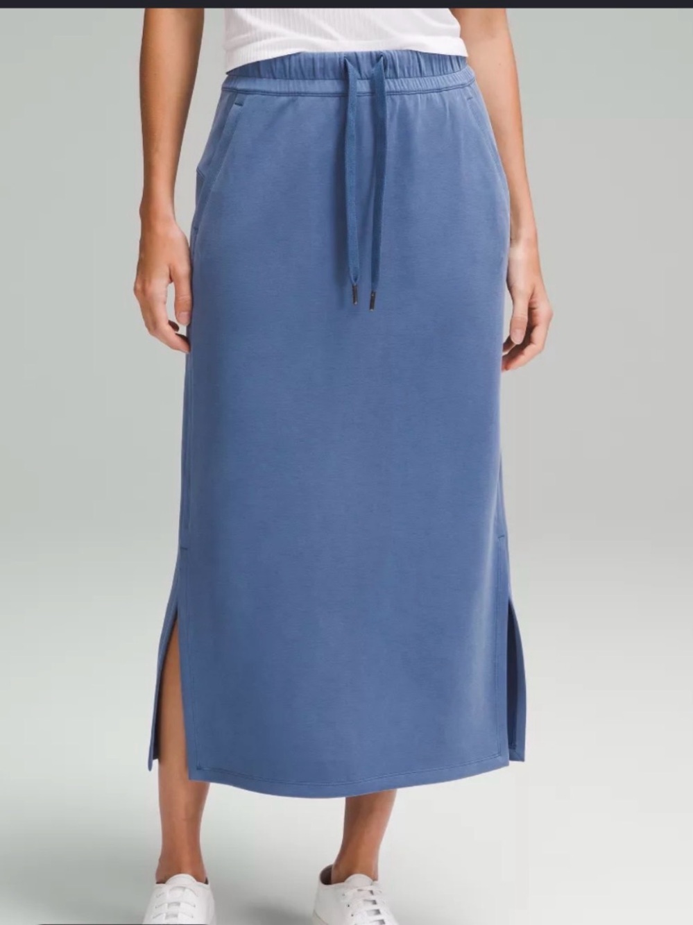 Free People Dusty Blue Drawstring Midi Skirt with Side Slits